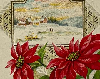 Antique 1913 Embossed - A Joyous Christmas Winter Scene Poinsettia Holiday Postcard
