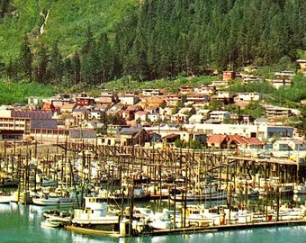 Juneau, Alaska, AK Boat Harbor and Residential District Vintage Chrome Postcard