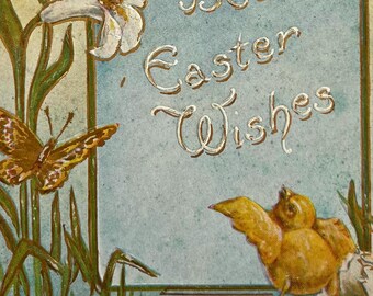 Best Easter Wishes, Chick, Butterflies, Lily Flower Antique Embossed Vintage Postcard