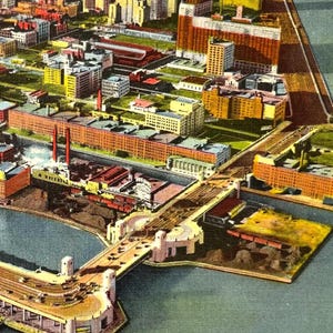Chicago, Illinois IL - Outer Drive Link Bridge and Downtown Skyline, Vintage linen Postcard