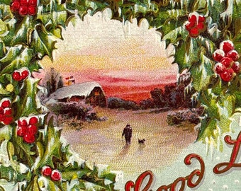 Antique Christmas Postcard Good Luck To You this Christmas Embossed Holly