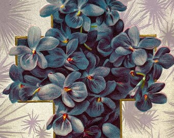 Easter Greetings Antique Embossed Floral Flowers Cross Vintage Postcard