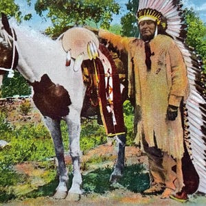 May include: Vintage postcard featuring an Osage Indian and a pony in Oklahoma. The image shows a Native American man in traditional attire, including a feathered headdress, standing next to a painted pony. The background includes greenery and the text "Osage Indian and Pony, Oklahoma".