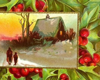 A Merry Christmas Antique Embossed Holly Cottage Home Vintage Postcard
