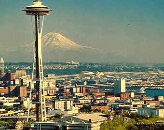Space Needle and Mt Rainier Seattle City View, Washington WA Vintage Postcard