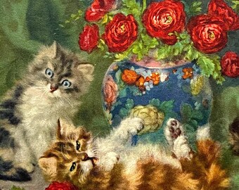 Antique Victorian Postcard 1900s. Artist Daniel Merlin. Kittens Cat  D Merlin