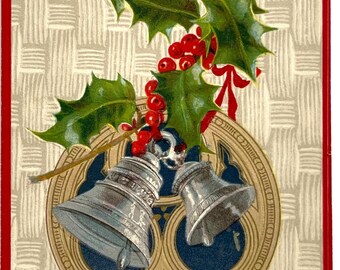 Antique Christmas Greetings Holiday Bells Holly Vintage Postcard