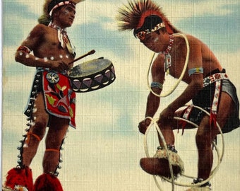 Pueblo Indian Drummer and Hoop Dancer New Mexico, NM Vintage Postcard Linen Unposted