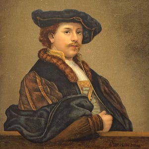 May include: A vintage postcard featuring a portrait of a man in a dark hat and coat. The artwork has a warm color palette with brown, black, and gold tones. The text "Portrait of himself" is visible.