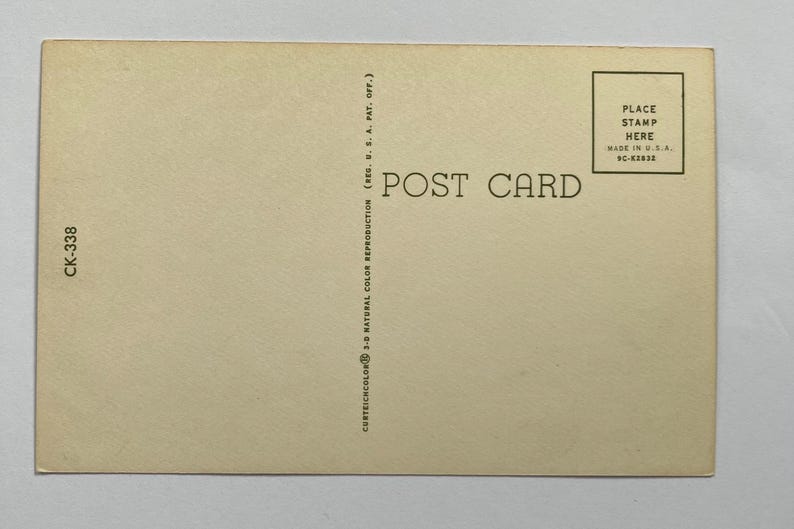 May include: A blank postcard with the text "POST CARD" printed in the center. The text "PLACE STAMP HERE" is printed in a rectangle in the upper right corner. The text "MADE IN U.S.A. BC-KERSE" is printed below the rectangle. The text "CK-338" is printed in the lower left corner.