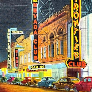 Reno, Nevada NV - North Virginia Street at Night Vintage 1940&#39;s Linen Postcard Unposted, Unused