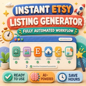 May include: A colorful illustration promoting an Etsy listing generator. The image features the text "INSTANT ETSY LISTING GENERATOR" and "FULLY AUTOMATED WORKFLOW". Icons represent AI content generation, image creation, Etsy data, cloud storage, smart routing, and Etsy listing creation.
