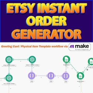 May include: An image advertising an Etsy Instant Order Generator. The text is in orange and yellow on a dark blue background. A workflow diagram illustrates the process for greeting cards and physical items.