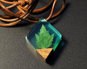 Sycamore Leaf Resin Necklace: Aurora Borealis Wood Pendant