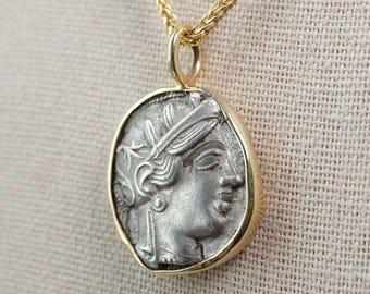 Collar con moneda de búho de la Antigua Grecia en oro de 18k – Colgante de moneda antigua de búho de Atenea – Auténtica joyería de monedas griegas – Tetradracma de búho ateniense n.° 2