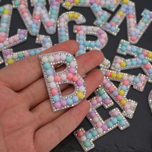 Parche de estampado en caliente con letras de macarrón para hacer tú mismo, parche de costura con letras, parche termoadhesivo con letras de diamante, parche termoadhesivo con letras, parche con letras