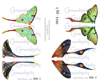 Puede incluir: Una hoja con ilustraciones de acuarela de alas de polilla en varios colores. Las alas incluyen tonos de verde, amarillo, naranja y azul. El texto "Moth Wings - Long" y números son visibles.