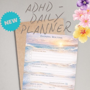 Premium ADHD Evening Routine Planner Printable – Calm Beach Theme – Night Reflection PDF A4 / US Letter French & English