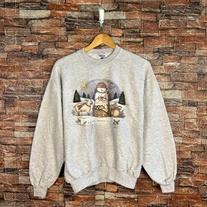 Vintage Snowman Christmas Sweatshirt Snowman Crewneck Snowman Pullover Sweater Snowman Heavenly Peace To All Graphics Logo Grey Size Medium