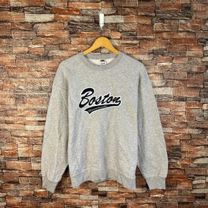 Vintage Boston Sweatshirt Boston Crewneck Boston Pullover Sweater Boston Embroidered Logo Grey Size Large