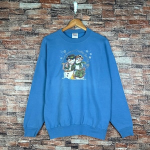 Vintage Snowman Sweatshirt Snowman Crewneck Snowman Pullover Sweater There&#39;s Snowman I&#39;d Rather Be With Graphics Logo Blue Size Large
