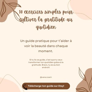 Puede incluir: Una ilustración digital con fondo marrón y melocotón. El texto dice "10 ejercicios simples para cultivar la gratitud en la vida diaria". Una guía para ayudarte a ver la belleza en cada momento. ¡Descarga tu guía en Etsy! @vane.coach