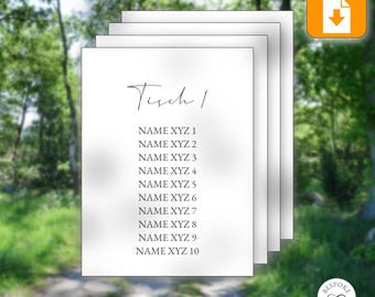 Puede incluir: Tarjeta de número de mesa imprimible con el texto "Tisch 1" y una lista de nombres para una boda o evento.