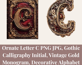 Verzierter Buchstabe C PNG JPG, gotische Kalligraphie-Initiale, Vintage Goldmonogramm, dekoratives Alphabet, kommerzielle Nutzung digitaler Download