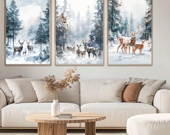 Winter Deer Forest Digital Art - 3 Watercolor Prints - 16 Sizes Included - Instant Download
