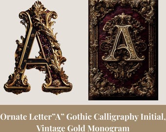 Ornate Letter A PNG JPG, Gothic Calligraphy Initial, Vintage Gold Monogram, Decorative Alphabet, Digital Download