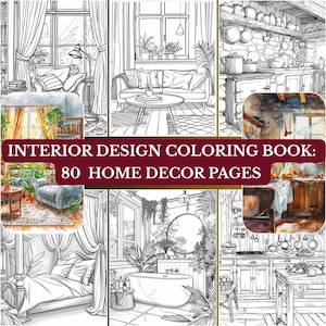 May include: A collection of black and white interior design coloring book pages. The cover text reads "INTERIOR DESIGN COLORING BOOK: 80 HOME DECOR PAGES". The pages feature detailed illustrations of living rooms, kitchens, and bedrooms.