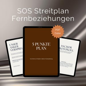Könnte beinhalten: Drei digitale Tablets mit schwarzen Rahmen. Das zentrale Tablet zeigt "5 PUNKTE PLAN" in weißem Text auf braunem Hintergrund. Die anderen Tablets zeigen Text auf Deutsch. Eine Sternform-Grafik zeigt "PDF Datei".