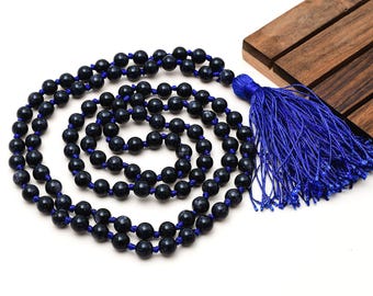 Collar Mala de 108 cuentas de piedra dorada azul natural de 8 mm, cuentas de oración Japa Mala anudadas a mano, joyería espiritual con piedras preciosas.