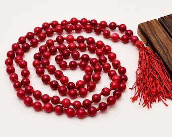 Collar Mala de Coral Rojo de 108 Cuentas de 8 mm, Cuentas de Meditación Japa Mala Anudadas a Mano, Joyería Espiritual de Piedras Preciosas