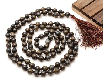 Collar Mala de Bronzeita Natural de 108 cuentas de 8 mm, cuentas de meditación Japa Mala anudadas a mano, joyería espiritual con piedras preciosas.