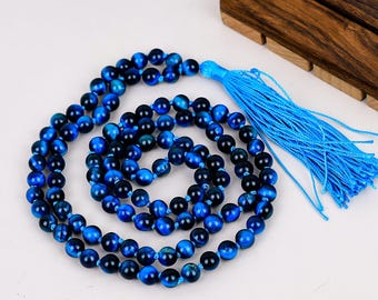 Collar mala de 108 cuentas de ojo de tigre azul natural – Cuentas de meditación y oración anudadas a mano de 6 mm