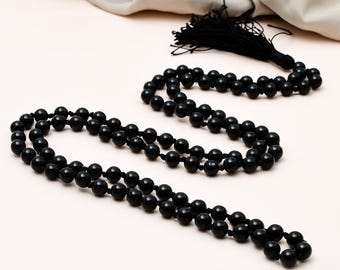 Collar Mala de 108 cuentas de ónix negro natural de 8 mm, cuentas de oración Japa Mala anudadas a mano para meditación, joyería espiritual con piedras preciosas.