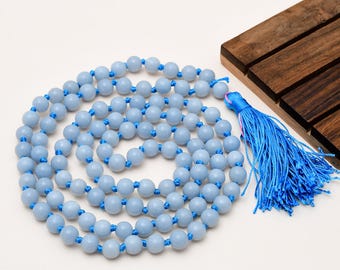 Collar Mala de Angelita Natural de 8 mm con 108 cuentas, cuentas de oración de angelita azul anudadas a mano, Japa Mala de meditación, joyería de yoga para el chakra de la garganta