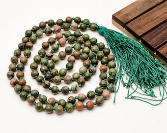 Collar Mala de 108 cuentas de unakita natural de 8 mm, cuentas de meditación Japa Mala anudadas a mano, joyería espiritual con piedras preciosas.