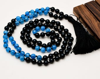 Collar Mala de 108 cuentas de ónix negro natural y apatita neón de 8 mm, cuentas de meditación Japa Mala anudadas a mano, joyería espiritual con piedras preciosas.