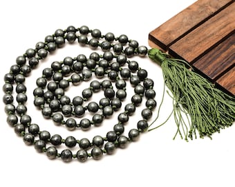 Collar Mala de pirita dorada natural de 108 cuentas de 8 mm, cuentas de meditación Japa Mala anudadas a mano, joyería espiritual con piedras preciosas.
