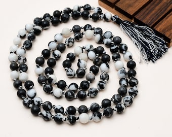 Collar Mala de 108 cuentas de jaspe cebra natural de 8 mm, cuentas de meditación Japa Mala anudadas a mano, joyería espiritual con piedras preciosas.