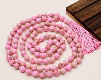 Collar mala de 108 cuentas de jaspe rosa natural de sedimento marino, japa mala de piedras preciosas rosas anudado a mano, cuentas de oración para meditación, joyería espiritual