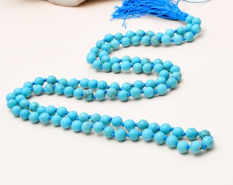 Collar Mala de turquesa de 108 cuentas de 8 mm, cuentas de meditación Japa Mala anudadas a mano, joyería espiritual con piedras preciosas.