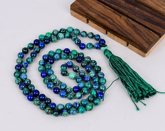 Collar Japa Mala de azurita y crisocola natural: 108 cuentas de 6 mm, borla anudada a mano.