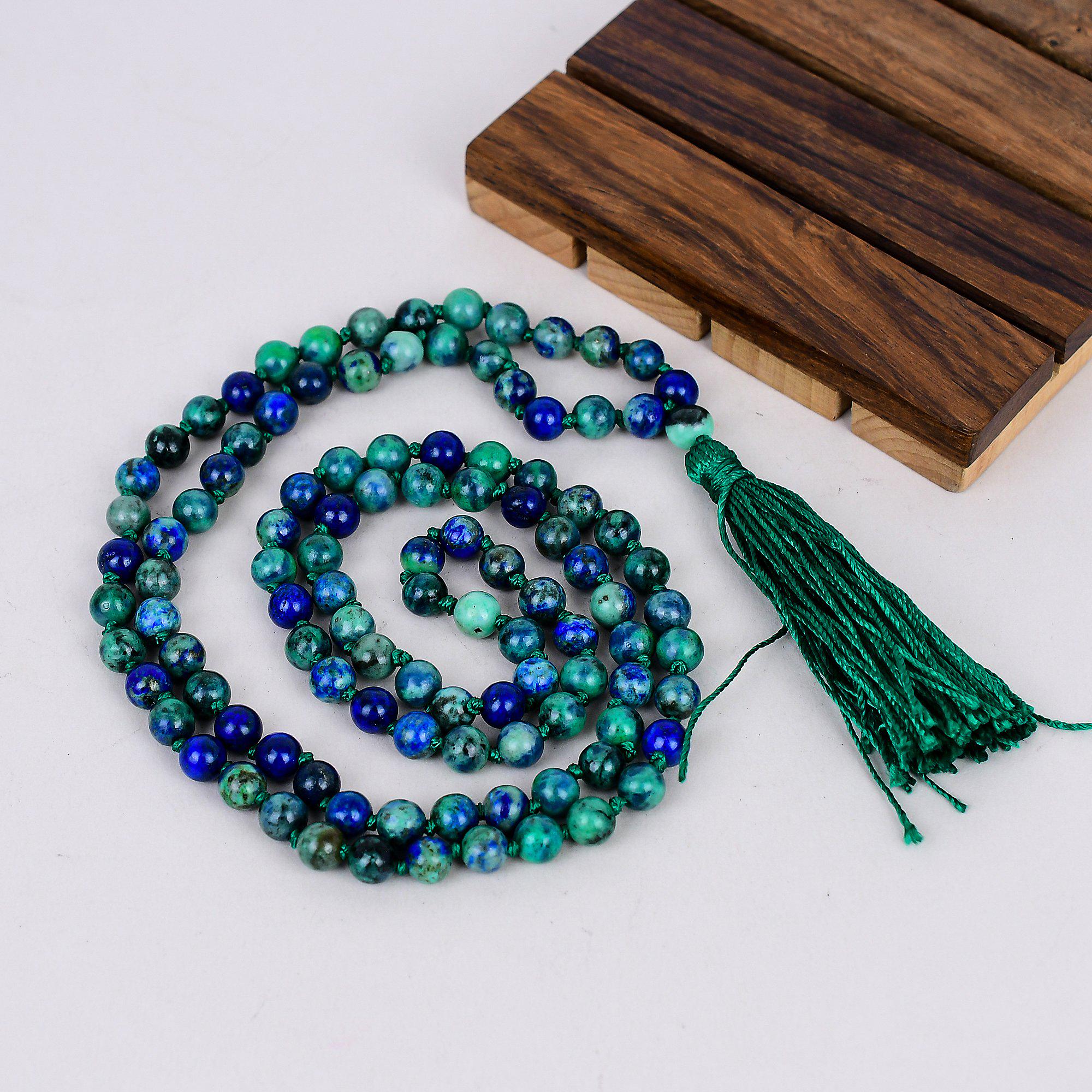Natural Azurite Chrysocolla Japa Mala Necklace: 108 Beads, 6mm