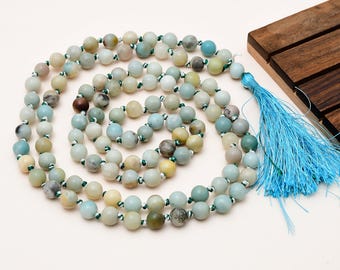 Collar Mala de Amazonita Multi Natural de 108 Cuentas de 8 mm, Japa Mala de meditación anudado a mano, Cuentas de oración de Amazonita, Joyería de piedras preciosas azul verdosas