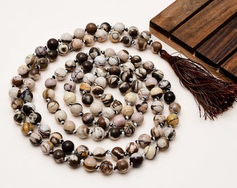 Collar mala de jaspe zebradorita marrón natural de 108 cuentas de 8 mm, cuentas de oración Japa Mala anudadas a mano para meditación y yoga.