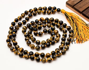 Collar Mala de 108 cuentas de ojo de tigre natural de 8 mm, cuentas de oración Japa Mala anudadas a mano para meditación, joyería espiritual con piedras preciosas.