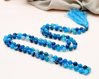 Collar Mala de 108 cuentas de ágata azul natural con bandas/rayas/rayas de 8 mm, cuentas de meditación Japa Mala anudadas a mano, gema espiritual